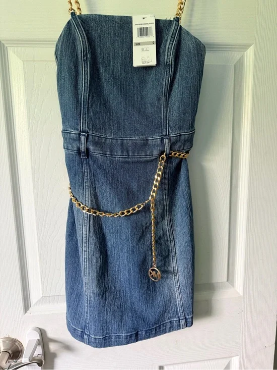 Michael Kors Denim Strapless Dress with Gold Chain Detail