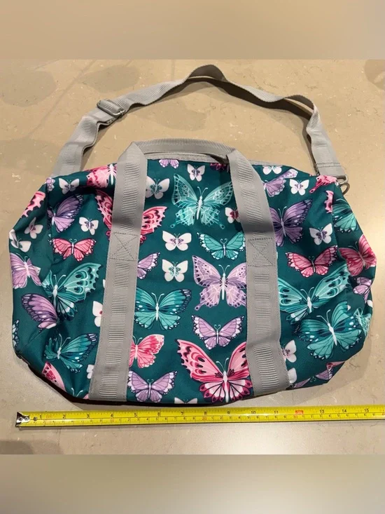 Pottery Barn Kids Mackenzie Duffel Bag Teal Butterfly Print Tote  Gray Straps