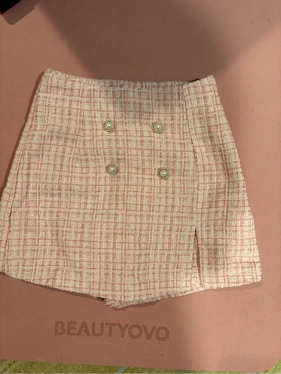 Pink Lily Pink Plaid Tweed Mini Skort with Pearl Buttons (no stretch)