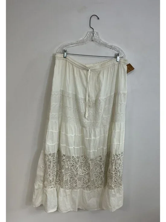 White Western Tiered Hippie Maxi Skirt Festival Lined Womens 2X New