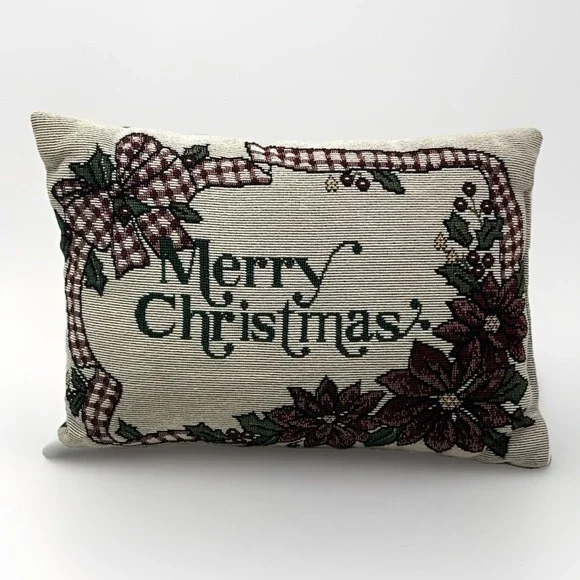 Vintage‎ Merry Christmas Tapestry Woven Throw Pillow 12x8 Holiday Decor
