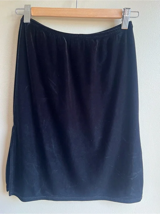 Vintage 90s HANA Black Velvet Midi Skirt Small Double Side Slit Made USA