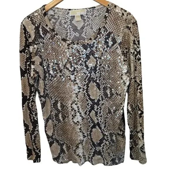 Michael Kors Sneak Print Sequin Jet Set Y2K Long Sleeve Tee Large Brown Glam