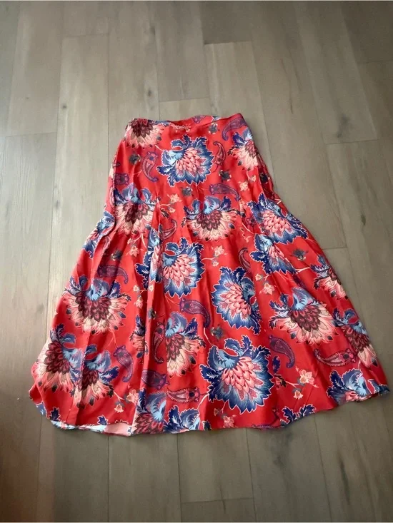 FARM Rio Red Floral Maxi Skirt with Blue Accents