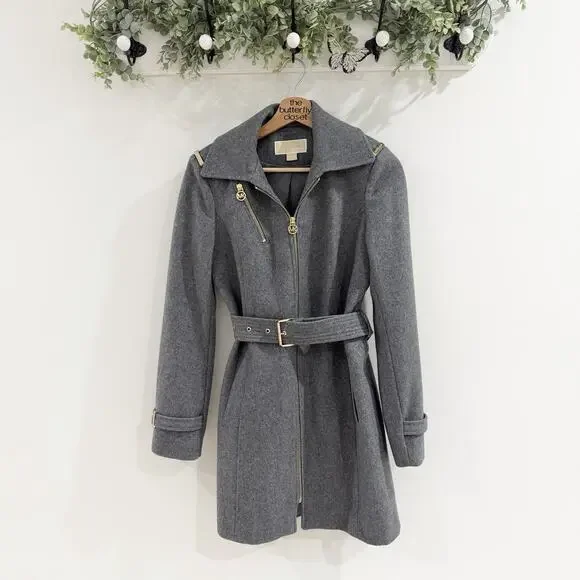 Michael Kors Grey Full Zip Belted Trench Coat Designer Luxury DG 2