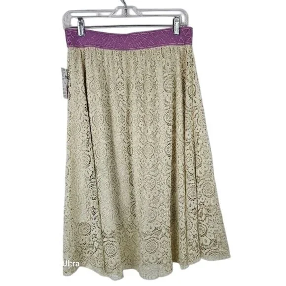 Lula‎ Roe Lola Boho Cottagecore Midi Skirt M Cream Crochet Stretch Waist Lined