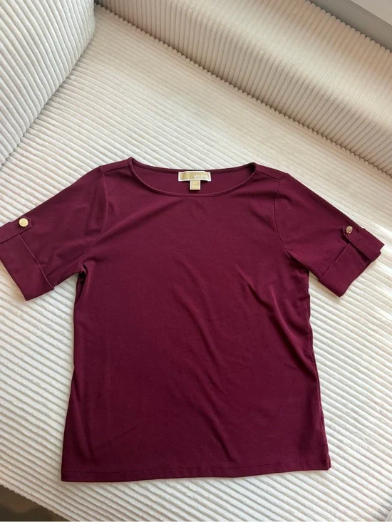 Michael Kors Burgundy Gold Button Sleeve Top Medium QT551HAHFA