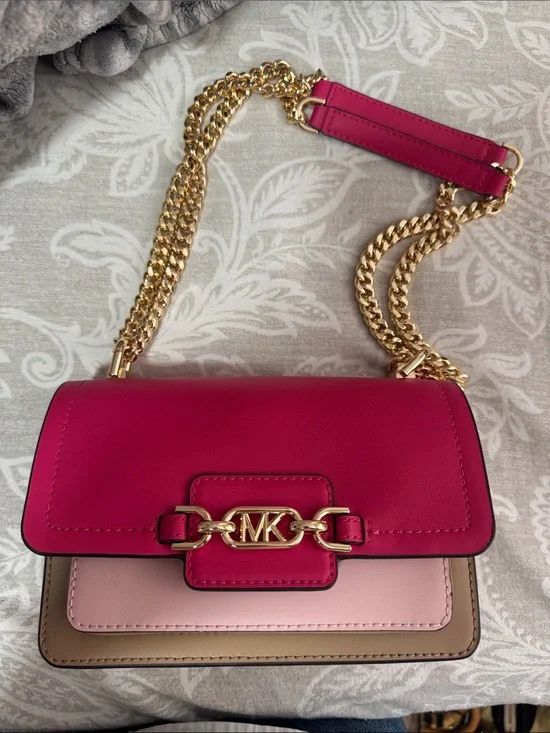 Michael Kors Colorblock Leather Crossbody in Fuchsia, Blush & Tan