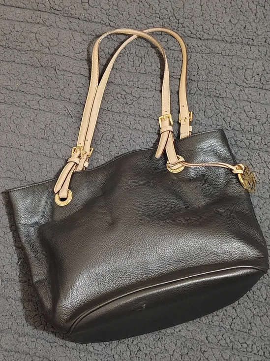 Michael Kors Black Leather Tote with Beige Straps
