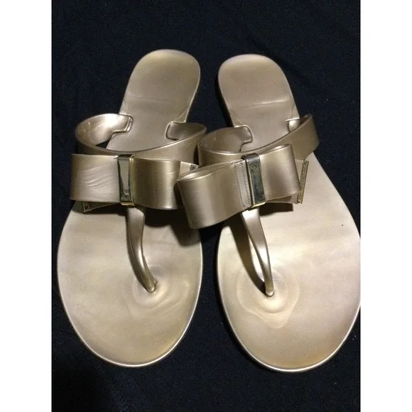 Michael Kors Jelly Bow Thong Sandals Champagne Gold Metallic‎ Flip Flops PVC