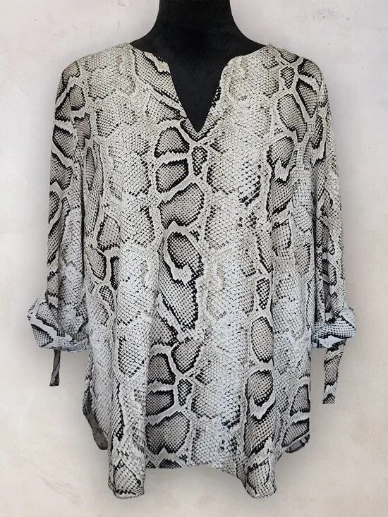 MICHAEL KORS Snakeskin Python Print Notch Neck Roll Tab Blouse Top