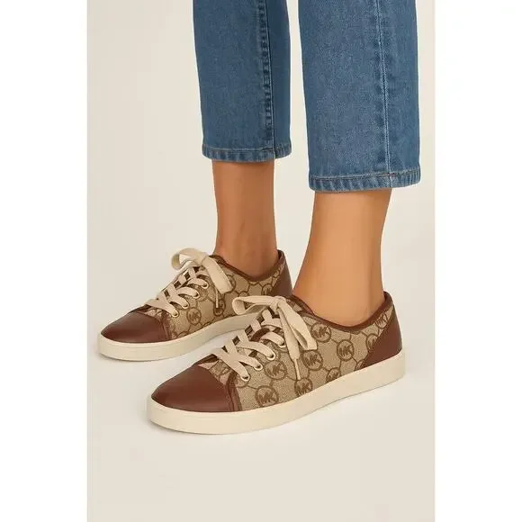 Michael Kors Logo Lace-Up Sneakers Brown Monogram Canvas Size 8M