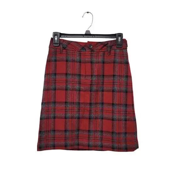 Eddie Bauer Red Plaid Skirt Size 2 100% Wool Pencil Holiday Preppy Fall School