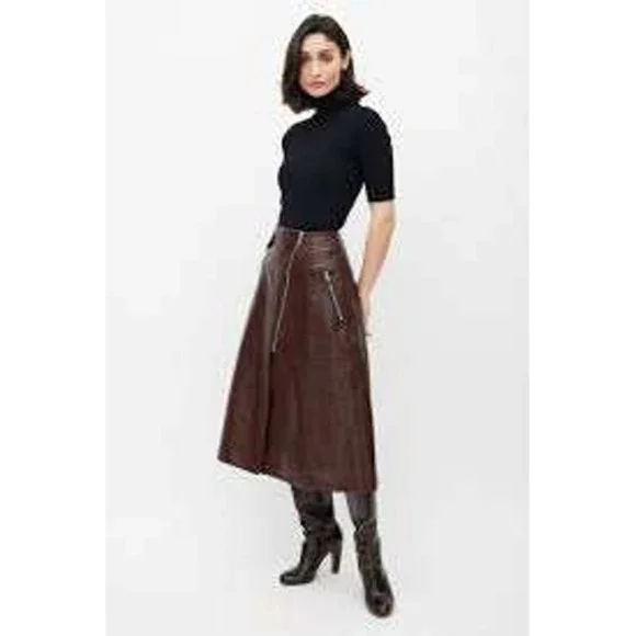 H&M Edition Faux Leather Skirt Womens 4 Chocolate Brown Midi Zip Pockets Edgy
