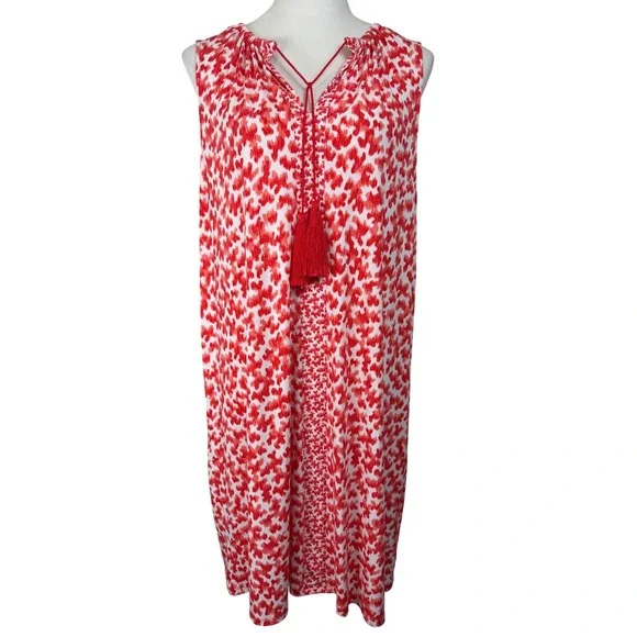 Michael Kors Ikat Heart Print Shift Dress Women XL Red Sleeveless Tassel‎ Tie