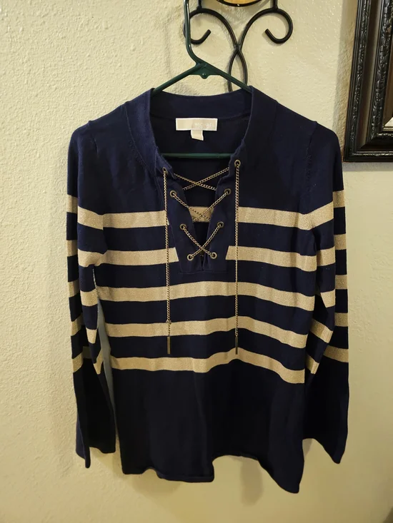 LMichael Kors Chain Lace-Up Metallic Striped Sweater - Size [Talla..S]