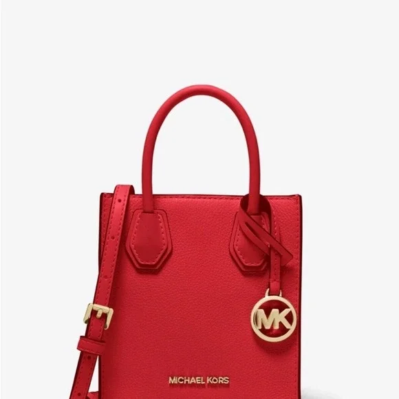 Michael Kors Mercer XS NS Shopper Crossbody Flame Red Leather Bag 35S1GM9T0L