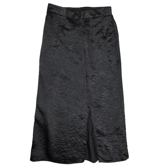 High Waisted Pencil Midi Skirt Textured Crinkle Front Slit Women XL Black GOOD