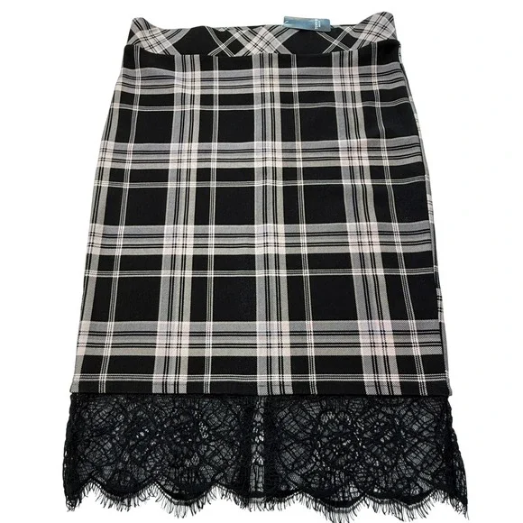 Torrid Ponte Knit Plaid Pencil Midi Skirt Lace Trim‎ Black Pink Womens 10