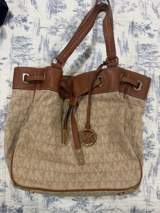 Michael Kors Tan and Brown Monogram Drawstring Tote