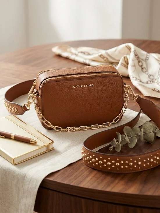 Michael Kors Pebbled Leather Double Zip Camera Crossbody Bag Studded Strap