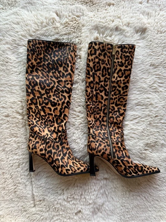 Michael Kors Leopard Print Knee-High Heeled Boots - Tan and Black