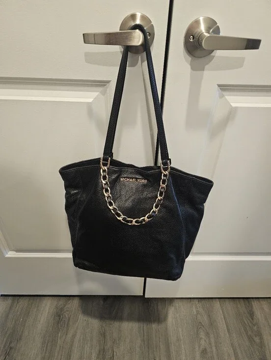 Michael Kors Black Leather Tote with Gold Chain Detail