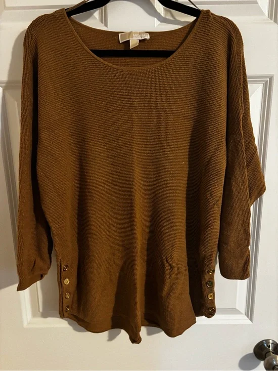 Michael Kors Caramel Brown Scoop-Neck Button-Hem Sweater