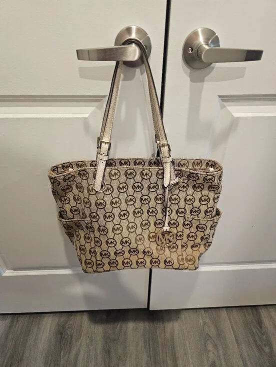 Michael Kors Tan Logo-Print Canvas Tote with Gold Charm