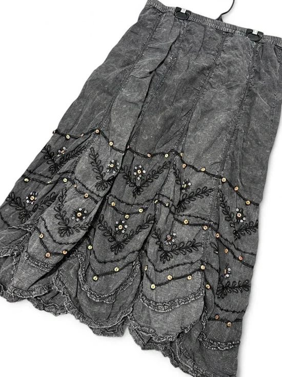 Gray Fairy Bohemian Cotton Embroidered Beaded Floral Scalloped Hem Maxi Skirt