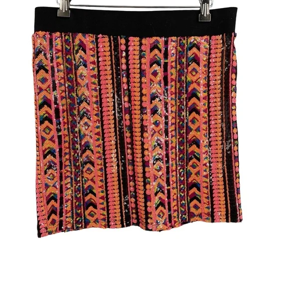 I Madeline Sequin Mini Skirt Colorful Geometric Festival Elastic Waistband Large