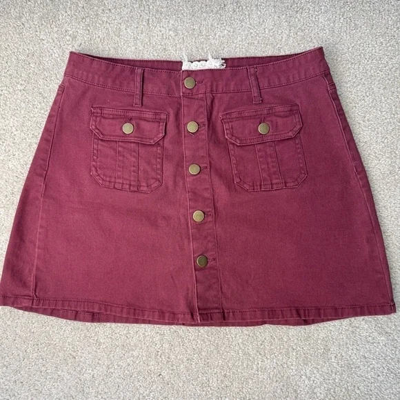 Altar’d State Burgundy Miniskirt Cotton Blend Front Patch Pockets Stretch Large