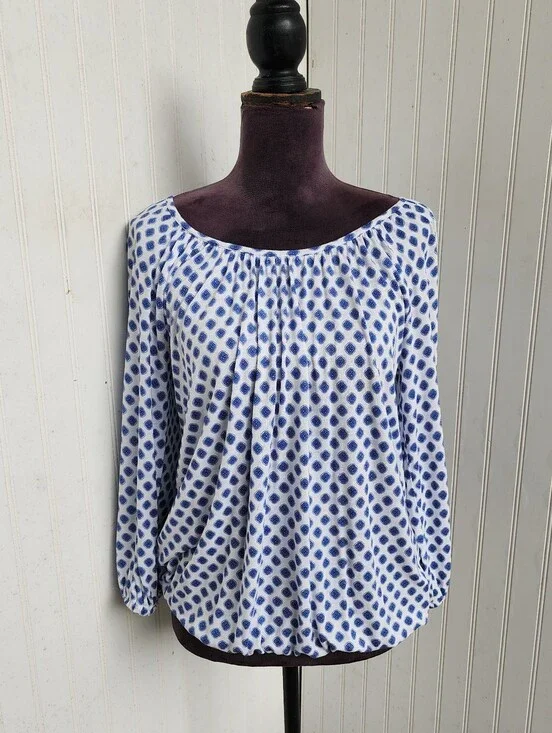 Michael Kors Peasant Blouse Blue White Geometric Print Scoop Neck Relaxed Boho M
