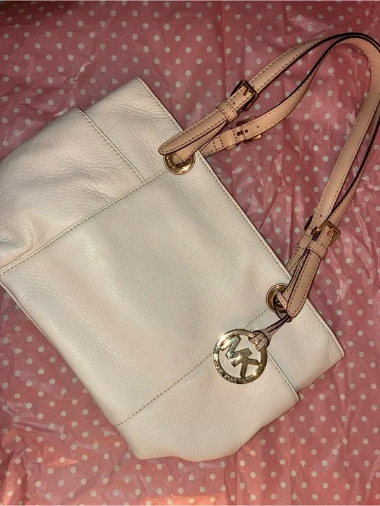 Michael Kors Cream Leather Shoulder Bag with Gold Hardware and Pink-Tan Straps