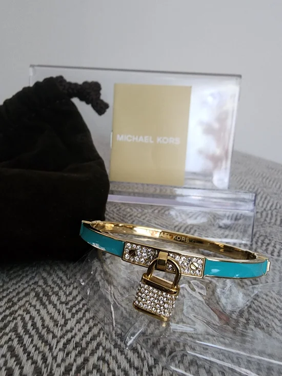 Michael Kors Gold-Tone Turquoise Enamel Padlock Hinged Bangle Bracelet W/dustbag