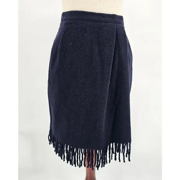 Vintage Theo Miles Women's 10 Navy Blue Wool and Cashmere Fringe Short Skirt