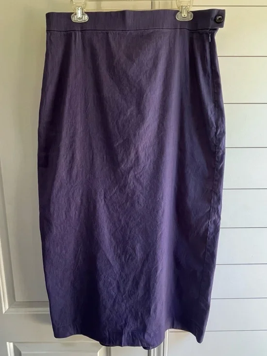 MUJI Stretch Straight Pencil Midi Hemp Skirt Dark Purple Smokey Blue SZ M/L