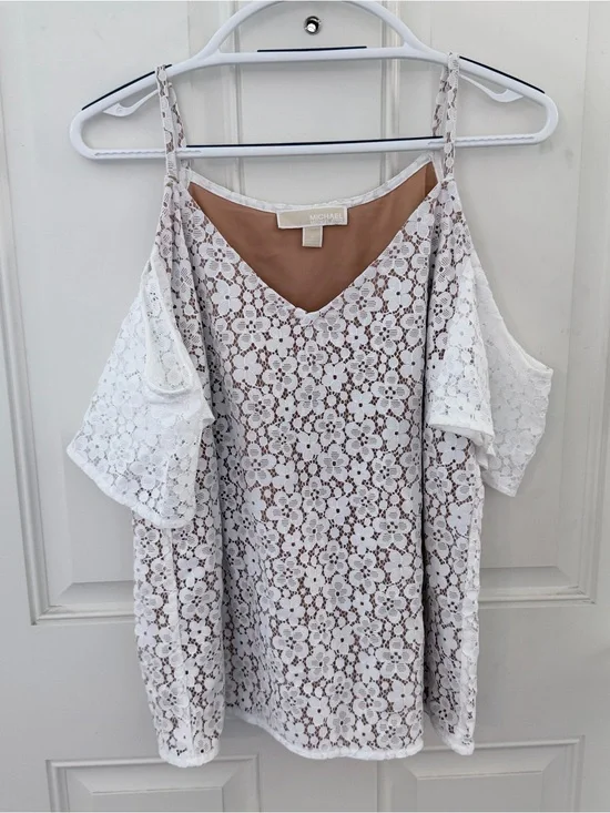 Michael Kors Floral Lace Cold Shoulder Top L | NWOT White Nude