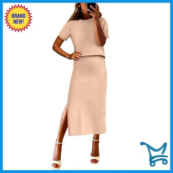 Striped Knit Two Piece Set Loose Fit Midi Skirt Travel Outfits Spring Summer