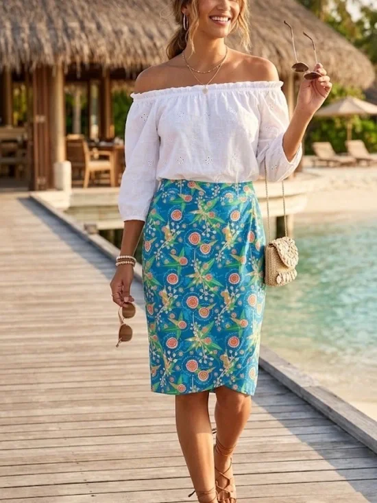 RIPSKIRT Womens Small HAWAII True Wrap Skirt Blue Orange Print Length 3 Resort