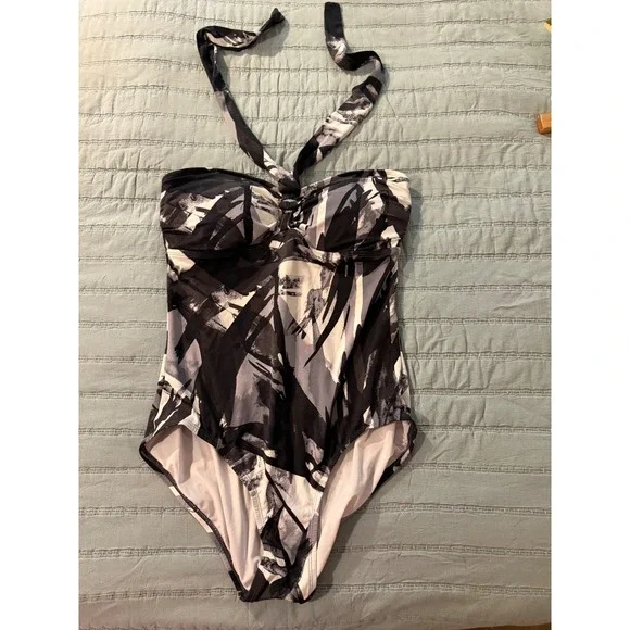 Michael Kors Womens Abstract Print Halter One Piece Swimsuit Black White Grey 12