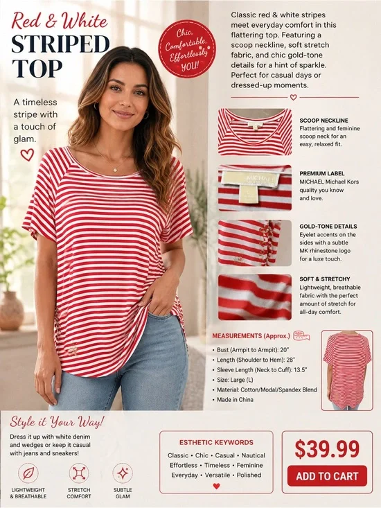 Michael Kors Red and White Striped Short Sleeve Tee