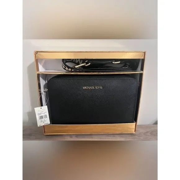 MICHAEL KORS Jet Set Large EW Xbody W/ WBG Leather Black NWT $ 198