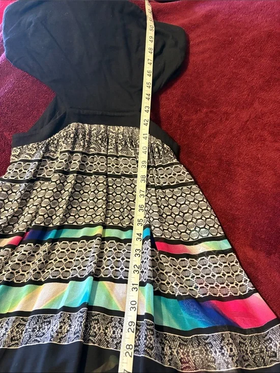 BebeBlack Fit-and-Flare Dress with Multicolor Stripe Pattern