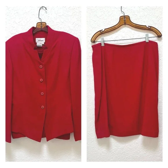Worthington Red Skirt Suit‎ Set Blazer Pencil Skirt Size 16 Vintage Style Office