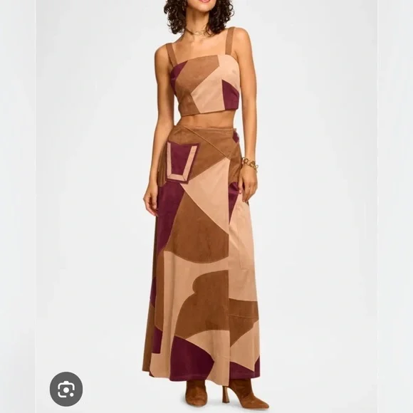 NWT Ramy Brook Jeannie Faux Suede Patchwork Maxi Skirt