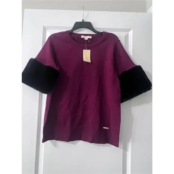 Michael Kors Women's Maroon sweater W/Dark Faux Fur sleeves Medium NWT