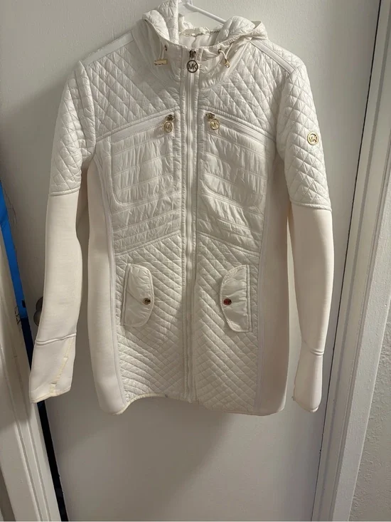 Michael Kors White Quilted Hooded Puffer Jacket with Gold Accents