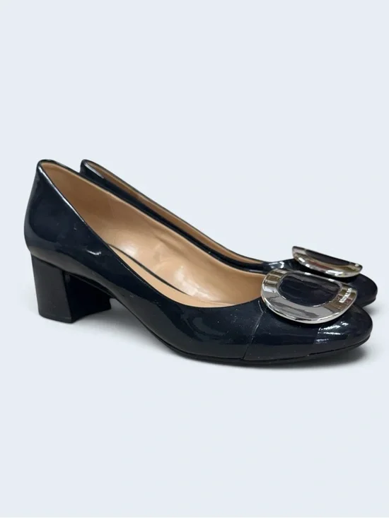 Michael Kors Black Patent Block Heel Pumps with Silver Buckle Size 7.5