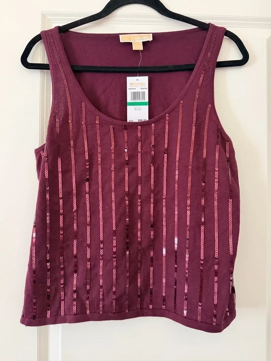 Michael Kors Wine Sequin Vertical-Stripe Tank Top
